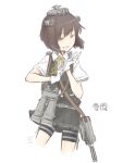  1girl adjusting_clothes adjusting_gloves bike_shorts binoculars brown_hair character_name collared_shirt commentary_request cosplay dated gloves headgear kagerou_(kancolle) kagerou_(kancolle)_(cosplay) kantai_collection kawashina_(momen_silicon) neck_ribbon open_mouth ribbon shirt short_hair short_sleeves signature simple_background skirt solo white_background white_gloves white_shirt yellow_eyes yellow_ribbon yukikaze_(kancolle) 