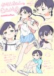  1girl absurdres bakeneko_anzu-chan black_hair blush blush_stickers braid closed_mouth commentary_request comog green_eyes highres karin_(bakeneko_anzu-chan) long_hair looking_at_viewer low_twintails multiple_views pout shirt shoes short_sleeves skirt socks standing translation_request twin_braids twintails underwear 