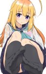  1girl ahoge aqua_neckerchief arms_at_sides black_sailor_collar black_socks blonde_hair blue_skirt bra bra_visible_through_clothes closed_mouth feet foot_focus furrowed_brow hair_between_eyes hair_flaps highres huge_ahoge kanno_(kan_save) knees_up koshi_torako legs_together light_blush long_hair looking_at_viewer miniskirt multicolored_eyes multicolored_hair neckerchief no_shoes orange_hair pink_bra pleated_skirt purple_eyes sailor_collar school_uniform see-through_clothes see-through_shirt serafuku shikanoko_nokonoko_koshitantan shirt simple_background skirt socks solo toes underwear wet wet_clothes wet_hair wet_shirt white_background 