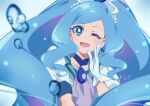  1girl ascot blue_background blue_brooch blue_choker blue_eyes blue_hair blue_shirt bubble choker collarbone cure_fontaine dot_nose dress eyelashes gloves hand_on_own_cheek hand_on_own_face happy hat_ornament healin&#039;_good_precure heart heart_hat_ornament high_ponytail highres light_blush long_hair one_eye_closed open_clothes open_dress open_mouth ponytail precure puffy_short_sleeves puffy_sleeves purple_ascot sawaizumi_chiyu shipu_(gassyumaron) shirt short_sleeves signature smile solo tiara upper_body very_long_hair wavy_hair white_dress white_gloves 