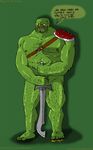  2012 abs alexyorim armor beard biceps blush convenient_censorship embarrased embarrassed english_text facial_hair green_skin green_theme hairy harness looking_at_viewer male muscles nipple_piercing nipples nude orc pecs piercing shivering skin solo sweat sweatdrop sword teeth text tusks weapon 