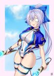  1girl blue_bow blue_jacket blue_one-piece_swimsuit blue_sky blush bow breasts controller fate/grand_order fate_(series) guriguri_(arayotto4351) hair_bow highleg highleg_one-piece_swimsuit highres jacket large_breasts long_hair one-piece_swimsuit open_clothes open_jacket ponytail short_sleeves sky solo swimsuit tearing_up thigh_strap thighs tomoe_gozen_(fate) tomoe_gozen_(swimsuit_saber)_(first_ascension)_(fate) two-tone_swimsuit white_hair white_one-piece_swimsuit wristband 