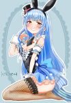 1girl animal_ears bare_shoulders black_hairband black_hat black_leotard black_necktie blue_hair blue_skirt breasts brown_eyes brown_thighhighs center_frills cleavage collar detached_collar detached_sleeves fake_animal_ears fishnet_thighhighs fishnets frilled_collar frilled_skirt frilled_sleeves frills grey_background grin hairband hand_up hat highres hololive kiritoma leotard long_hair medium_breasts mini_hat mini_top_hat necktie outline puffy_short_sleeves puffy_sleeves rabbit-shaped_pupils rabbit_ears short_necktie short_sleeves signature sitting skirt smile solo symbol-shaped_pupils thighhighs tilted_headwear top_hat usada_pekora usada_pekora_(furi_furi_bunny_dress) very_long_hair virtual_youtuber wariza white_outline white_sleeves wing_collar wrist_cuffs 