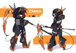 2025 aircraft black_body breasts digital_media_(artwork) f-117 f-117_nighthawk female hi_res holding_melee_weapon holding_object holding_weapon living_aircraft living_machine living_vehicle looking_at_viewer looking_back looking_back_at_viewer machine melee_weapon navel orange_eyes robot sat_v12 simple_background smile solo standing tail teeth vehicle weapon zamea_(sat_v12)