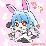  1girl :d animal_ear_fluff animal_ears bare_shoulders black_gloves black_pantyhose blush_stickers bow braid carrot_hair_ornament cellphone chibi commentary_request detached_sleeves don-chan_(usada_pekora) dress food-themed_hair_ornament full_body fur-trimmed_dress fur-trimmed_gloves fur_trim gloves hair_bow hair_ornament highres holding holding_phone hololive kiritoma looking_at_viewer pantyhose phone pink_background puffy_short_sleeves puffy_sleeves rabbit_ears red_eyes shoes short_eyebrows short_sleeves smile solo strapless strapless_dress thick_eyebrows translation_request twin_braids twintails twitter_username usada_pekora usada_pekora_(1st_costume) virtual_youtuber white_bow white_dress white_shoes white_sleeves 