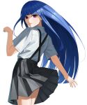  1girl absurdres black_skirt blue_hair blunt_bangs collared_shirt furude_rika highres higurashi_no_naku_koro_ni long_sidelocks looking_at_viewer looking_back nemo_ringo purple_eyes school_uniform shirt sidelocks skirt solo st._lucia_academy_school_uniform suspender_skirt suspenders white_shirt 