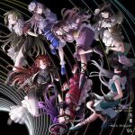  aketa_mikoto belt black_gloves black_hair bracelet earrings feathers glasses gloves high_heels highres idolmaster idolmaster_shiny_colors jewelry jumping long_hair mitsumine_yuika multicolored_hair multiple_girls nanakusa_nichika necklace official_art shirase_sakuya tanaka_mamimi tsukioka_kogane yukoku_kiriko 