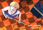  1boy :d ^_^ amplifier blonde_hair blue_pants blue_sandals breast_pocket cable checkered_floor closed_eyes collared_shirt commentary_request dated dress_shirt electric_guitar from_above futsuu_no_keion-bu guitar guitar_strap happy_birthday highres holding holding_plectrum instrument male_focus music nabeshima_nabeo name_tag neck_ribbon pants playing_guitar playing_instrument plectrum pocket red_ribbon ribbon sandals school_uniform shirt short_hair short_sleeves slides smile socks solo standing summer_uniform takami_kouki v-shaped_eyebrows white_shirt white_socks wing_collar 