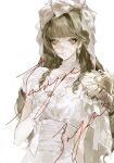  1girl bandaged_hand bandages brown_hair capekachuu closed_mouth corset dress earrings hand_on_own_chest highres jewelry long_hair original puffy_short_sleeves puffy_sleeves red_eyes sample_watermark scar scar_on_face short_sleeves simple_background solo upper_body veil watermark white_background white_corset white_dress white_veil 