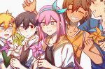  1girl 4boys :d ^_^ antenna_hair aubrey_(faraway)_(omori) aubrey_(omori) bailan1130 bare_arms bare_shoulders basil_(faraway)_(omori) basil_(omori) black_eyes black_hair black_shirt black_sweater_vest blue_eyes blue_hairband blue_sweater blush bow_hairband brother_and_sister brothers brown_hair closed_eyes closed_mouth collarbone colored_skin dark-skinned_male dark_skin double-parted_bangs green_sweater_vest grin hair_behind_ear hair_between_eyes hairband hands_up hero_(faraway)_(omori) hero_(omori) heterochromia highres holding holding_pinwheel jacket kel_(faraway)_(omori) kel_(omori) long_hair looking_at_object multiple_boys omori open_clothes open_jacket open_mouth orange_tank_top pink_hair pinwheel sailor_collar shirt short_sleeves siblings sidelocks sideways_mouth simple_background smile straight_hair sunny_(omori) sweater sweater_vest tank_top tongue upper_body white_background white_eyes white_jacket white_shirt yellow_sailor_collar 