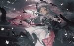  1girl absurdres animal arknights axleaki bird black_bird black_gloves chinese_commentary closed_mouth cloud cloudy_sky commentary_request cowboy_shot earrings english_commentary gloves grey_eyes grey_hair highres holding holding_sword holding_weapon irene_(arknights) jewelry long_hair long_sleeves looking_at_viewer mixed-language_commentary pantyhose partial_commentary sky solo standing sword weapon white_pantyhose 