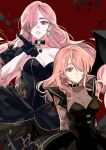  black_dress demon_girl demon_wings dress hair_over_one_eye highres kristell_(mabinogi) mabinogi nyomletian pink_hair red_background red_eyes succubus_(mabinogi) wings 