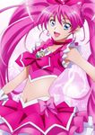  blue_eyes bow brooch choker cure_melody earrings frilled_skirt frills hair_ribbon heart heki_(axis) houjou_hibiki jewelry long_hair looking_at_viewer magical_girl midriff musical_note navel open_mouth pink_bow pink_choker pink_hair precure ribbon skirt solo suite_precure twintails 