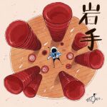  1other absurdres artist_name blue_jacket bowl bowl_stack chopsticks commentary fish flying_fish food gloves hand_on_own_stomach helmet highres iwate_prefecture jacket kazunoko_(kazunoko_zunoco) lying noodles on_back original radio_antenna round_table signature soba solo space_helmet table wanko_soba white_gloves 
