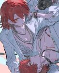  1boy 1girl bra bracelet chain chain_necklace collar collarbone earrings gloves hair_between_eyes jacket jewelry looking_at_another lying necklace on_back open_clothes open_jacket original pearl_necklace qyzhiaiyisheng red_hair ring short_hair underwear upper_body white_jacket yellow_eyes 