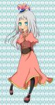  1girl acolyte_(ragnarok_online) argyle_background arms_behind_back black_pantyhose blue_background blue_eyes blush brown_shirt brown_shoes capelet closed_mouth commentary_request flower flower_in_mouth full_body grey_hair long_hair long_sleeves looking_at_viewer meiko_(nattu303) pantyhose pink_capelet pink_flower pink_skirt ragnarok_online shirt shoes skirt smile solo 