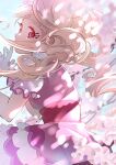  1girl absurdres aisaki_emiru blonde_hair blue_sky branch cherry_blossoms corset covered_mouth cowboy_shot cure_macherie day dress drill_hair earrings floating_clothes floating_hair flower frilled_dress frilled_sleeves frills gloves highres hugtto!_precure interlocked_fingers jewelry large_earrings light_blush long_hair magical_girl makeup mascara outdoors own_hands_together petals pink_dress pink_flower pointy_nose pom_pom_(clothes) pom_pom_earrings precure red_corset red_eyes shipu_(gassyumaron) short_dress sky solo spring_(season) sunlight tareme twin_drills twintails ufo white_gloves white_sleeves wind 