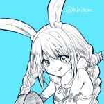  1girl :q animal_ear_fluff animal_ears bare_shoulders blue_background braid breasts carrot_hair_ornament commentary_request don-chan_(usada_pekora) dress food-themed_hair_ornament hair_between_eyes hair_ornament highres hololive kiritoma knees_up looking_at_viewer pantyhose rabbit_ears short_eyebrows simple_background sitting small_breasts solo strapless strapless_dress thick_eyebrows tongue tongue_out twin_braids twintails twitter_username usada_pekora usada_pekora_(1st_costume) virtual_youtuber 