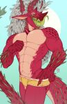 2024 abs anthro bodily_fluids chest_spike dated dragon front_view green_sclera hair hi_res horn licking licking_lips licking_own_lips long_hair looking_at_viewer male male_anthro muscular muscular_anthro muscular_male mythological_creature mythological_scalie mythology narrowed_eyes open_mouth orange_body pecs portrait red_body red_horn riorix saliva saliva_string scalie sharp_teeth simple_background solo spikes spikes_(anatomy) teeth three-quarter_portrait tongue tongue_out white_hair yellow_eyes
