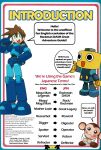  absurdres android armor armored_boots armored_gloves blue_eyes boots brown_hair capcom clamps color_guide data_(mega_man) english_text guide highres joints mega_man_(series) mega_man_legends_(series) mega_man_volnutt official_art plate_armor robot robot_joints servbot_(mega_man) shoulder_armor simple_background smile speech_bubble spiked_hair white_background 