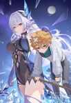  1boy 1girl absurdres aged_down black_pants black_unitard blonde_hair blue_eyes breasts closed_mouth commentary_request full_moon genshin_impact green_scarf grey_hair grey_sweater highres holding holding_stick holding_sword holding_weapon large_breasts moon night night_sky official_alternate_costume pants pi_tayuko purple_hands red_eyes scarf skirk_(genshin_impact) sky star_(sky) stick sweater sword tartaglia_(genshin_impact) weapon 