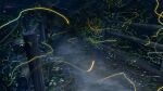  absurdres banishment bug commentary_request dark fence fireflies firefly foliage highres night no_humans original outdoors path scenery signature wooden_fence 