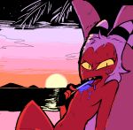 afuckingcamel-zenge-art_(artist) beach bodily_fluids dessert food helluva_boss humanoid ice_cream ice_cream_on_pecs looking_at_viewer male moxxie_(helluva_boss) nude_male solo sunset sweat sweatdrop