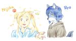  2girls :d ahoge animal_ears animal_hands asymmetrical_bangs bad_id bad_twitter_id blonde_hair blue_fur blue_hair blue_shirt blunt_sidelocks bocchi_the_rock! braid cartoon_bone character_name closed_mouth collared_shirt commentary_request dog_ears dog_girl dog_paws ears_down fox_ears fox_girl fox_tail furrification furry furry_female glub000 grey_hoodie hood hoodie ijichi_nijika inactive_account korean_commentary long_hair looking_at_viewer looking_to_the_side mole mole_under_eye multiple_girls paw_print shirt short_hair side_ponytail sidelocks simple_background smile snout tail upper_body white_background yamada_ryo yellow_eyes yellow_fur 