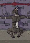 2015 anthro arms_tied balls bdsm black_body black_fur black_horn blue_eyes bondage bound brick_wall colored detailed_background fur genitals grey_body grey_fur hi_res hooves horn jeri_kleinlowe kneeling legs_tied looking_at_viewer looking_back looking_back_at_viewer male markings nervous nude nude_male perineum raised_tail rear_view slave solo species_request tail tied_balls wall_(structure) white_body white_fur white_tail