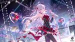  1girl aerial_fireworks ahoge armpits bare_arms bare_shoulders black_choker black_dress blue_eyes bow brown_pantyhose choker crown detached_sleeves dress drone fireworks floating_hair hair_bow heart heart-shaped_pupils highres holding holding_microphone kanami_(century_idol)_(strinova) kanami_(strinova) long_hair long_sleeves looking_at_viewer microphone microphone_stand mini_crown multicolored_hair musical_note official_alternate_costume official_art one_side_up open_mouth outstretched_arm pantyhose single_detached_sleeve sleeveless sleeveless_dress smile solo stage_lights standing streaked_hair strinova symbol-shaped_pupils very_long_hair white_hair wrist_cuffs 