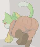 2025 anthro big_butt bodily_fluids boots brown_boots brown_clothing brown_footwear bulge butt cafongterua cel_shading clothed clothing crawling digital_media_(artwork) dipstick_tail domestic_cat felid feline felis footwear fully_clothed fur gloves green_body green_fur grey_background handwear mammal markings mouth_closed multicolored_body multicolored_fur pink_nose pockets pupils raised_tail rear_view red_eyes red_jumpsuit shaded shoes simple_background solay_(cafongterua) solo sweat sweatdrop tail tail_markings thick_thighs three-quarter_view two_tone_body two_tone_fur white_body white_fur yellow_clothing yellow_gloves yellow_handwear