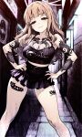  1girl arm_tattoo black_skirt blue_light breast_tattoo breasts brick_floor cleavage girls_und_panzer hand_on_own_hip highres leg_tattoo long_hair looking_at_viewer midriff nail_polish orange_hair shadow skirt smile takebe_saori tattoo thighs zap2000jp 