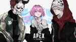  1girl 2boys absurdres apex_legends arisakaaa_(crazy_raccoon) black_horns black_jacket black_shirt bra_strap closed_mouth collarbone commentary_request copyright_name crazy_raccoon daruma_is_god demon_horns drawstring earrings gold_necklace grey_eyes grey_hair hair_between_eyes hair_ornament hairclip highres hood hood_up hoodie hoop_earrings horns indie_utaite jacket jacket_over_hoodie jacket_partially_removed jewelry letterman_jacket lipstick long_sleeves looking_at_viewer makeup mano_aaa mask multiple_boys necklace nqrse open_clothes open_jacket parallel_hairclips pink_eyes pink_hair pink_lips red_hair red_hoodie shirt short_hair single-shoulder_shirt single_bare_shoulder skull_necklace t-shirt upper_body utaite white_background white_shirt white_sleeves 