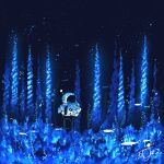  1other absurdres artist_name astronaut backpack bag blue_flower commentary fish flower flying_fish gloves glowing helmet highres kazunoko_(kazunoko_zunoco) nature night night_sky original outdoors radio_antenna signature sky solo space_helmet standing star_(sky) starry_sky white_gloves 