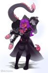 2025 4_toes absurd_res anthro barefoot black_clothing black_hair butt carrying_another clothing crocodile crocodilian facial_scar feet female female_anthro footwear fur furred_scalie grey_body grey_fur hair hi_res legwear nixmoonl paws pink_body pink_scales presenting presenting_hindquarters pupils purple_hair raised_tail red_sclera reptile scales scalie scar shoes simple_background slit_pupils tail toes torn_clothing torn_legwear white_background yellow_eyes