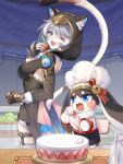  1girl 1other absurdres animal_ears apple black_dress blue_eyes blush_stickers breasts cake cat_ears cat_girl cat_tail chef_hat cipher_(honkai:_star_rail) dress food fruit green_apple grey_hair hakka_0922 hat highres holding holding_food holding_fruit honkai:_star_rail honkai_(series) one_eye_closed open_mouth pom-pom_(clamoring_fry-master!)_(honkai:_star_rail) pom-pom_(honkai:_star_rail) red_ribbon ribbon smile strawberry tail white_hat 