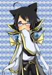  1boy ahoge animal_ears argyle_background black_hair black_pants blue_eyes cat_boy cat_ears closed_mouth coat commentary_request cowboy_shot expressionless grey_coat looking_at_viewer male_focus meiko_(nattu303) open_clothes open_coat over-rim_eyewear pants ragnarok_online red-framed_eyewear semi-rimless_eyewear shirt short_hair sleeves_past_fingers sleeves_past_wrists solo warlock_(ragnarok_online) white_shirt 