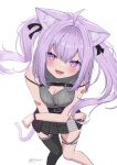  1girl ahoge alternate_hair_length alternate_hairstyle animal_ear_fluff animal_ears artist_name asymmetrical_legwear bandaid bandaid_on_arm bare_arms belt belt_buckle black_belt black_ribbon black_thighhighs blush breasts buckle cat_ears cat_girl cat_tail cleavage cleavage_cutout clothing_cutout crossed_arms double-parted_bangs feet_out_of_frame floating_hair from_above grey_shirt grey_skirt hair_between_eyes hair_ribbon hololive knees_together_feet_apart kyo_se large_breasts long_bangs long_hair long_sidelocks looking_at_viewer looking_up lower_teeth_only multicolored_eyes nekomata_okayu open_mouth pleated_skirt purple_eyes purple_hair purple_tail ribbed_shirt ribbon shirt shoulder_belt sidelocks signature skirt sleeveless sleeveless_shirt smile solo striped_clothes striped_skirt tail teeth thigh_strap thighhighs twintails virtual_youtuber wristband yellow_eyes 