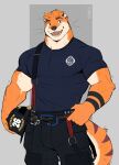 anthro armor biceps clothed clothing deltoids firefighter firefighter_helmet firefighter_uniform forearms green_eyes headgear helmet hi_res holding_object ixkouu looking_at_viewer male mammal markings muscular muscular_male mustelid otter pattern_clothing pecs smile solo striped_clothing stripes tail teeth uniform whiskers zeke_(barazokudex)