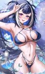  1girl absurdres bandaid bandaid_on_face bandaid_on_nose belt_collar bikini black_hair blue_bikini blue_nails body_markings breasts collar collarbone fushi_yohaku hand_up heart heart_o-ring highres holding holding_swim_ring indie_virtual_youtuber large_breasts linea_alba multicolored_hair navel o-ring ocean open_mouth purple_eyes shylily shylily_(bikini) smile solo streaked_hair swim_ring swimsuit virtual_youtuber water white_hair 