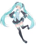  1girl :d absurdres aqua_hair aqua_necktie aqua_trim bare_shoulders black_shoes black_sleeves black_thighhighs blush boots closed_eyes collared_shirt commentary detached_sleeves facing_viewer full_body hair_between_eyes hair_ornament hair_tie happy hatsune_miku headset highres long_hair necktie number_tattoo open_mouth outstretched_arms ryaru_ryaru shirt shoes skirt smile solo spread_arms tattoo thigh_boots thighhighs twintails very_long_hair vocaloid white_shirt zettai_ryouiki 
