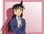  1girl anime_coloring arm_at_side black_hair blazer blue_eyes blue_jacket collared_shirt drop_shadow floating_hair green_necktie jacket long_hair long_sleeves meitantei_conan mouri_ran necktie official_art open_mouth pink_background school_uniform shirt solo teitan_high_school_uniform upper_body white_shirt winter_uniform 