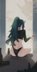  1girl absurdres arknights ass bikini black_bikini black_choker black_shirt choker commentary crop_top cropped_shirt cup drink ema_(kuguiema) facing_away from_behind full_body green_hair highres holding holding_drink horns hoshiguma_(arknights) hoshiguma_(seeker)_(arknights) light_particles long_hair long_sleeves official_alternate_costume ponytail sakazuki shirt sitting solo swimsuit tokkuri 