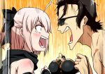  1boy 1girl black_hair black_scarf bow commentary_request fate/grand_order fate_(series) green_eyes grey_hair hair_bow hijikata_toshizou_(fate) holding holding_unworn_clothes makishima_rin motion_lines okita_j._souji_(fate) okita_j._souji_(first_ascension)_(fate) okita_souji_(fate) open_mouth ponytail scarf smile speed_lines sunglasses tears unworn_bikini_top 