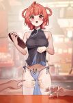  1girl 2boys absurdres ahoge blue_panties blurry blurry_background blush body_writing bow bow_panties braid braided_hair_rings breasts china_dress chinese_clothes clothes_lift collarbone commentary_request covered_nipples cowboy_shot crotch_seam cup dress dress_lift glass hair_rings highres holding holding_cup holding_tray indoors kuroi_suna large_breasts legs_apart lifting_own_clothes looking_at_viewer multiple_boys no_bra open_mouth original out_of_frame panties pointing raised_eyebrows red_eyes red_hair restaurant short_hair side-tie_panties sleeveless sleeveless_dress smile standing straight-on table thighhighs translation_request tray underwear waitress water white_thighhighs 
