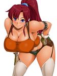  bellows_(suisei_no_gargantia) blue_eyes breasts cleavage curvy earrings garter_straps gloves hand_on_hip hoop_earrings huge_breasts jewelry kawanuma_uotsuri leaning_forward long_hair looking_at_viewer navel ponytail raised_eyebrows red_hair short_shorts shorts simple_background solo suisei_no_gargantia tan thighhighs white_background 