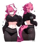  1girl absurdres animal_ears artist_name ass black_choker black_hoodie black_panties black_pantyhose blush breasts choker closed_mouth commentary crop_top cropped_legs english_commentary extra_ears hair_intakes highres hololive hololive_english hood hoodie large_breasts long_hair long_sleeves looking_at_viewer looking_back median_furrow multicolored_hair multiple_views namiorii navel panther_ears panther_girl panther_tail panties panties_under_pantyhose pantyhose patreon_logo patreon_username pink_hair raora_panthera simple_background sleeves_past_fingers sleeves_past_wrists smile solo_focus stomach streaked_hair tail thigh_gap thighs twitter_username two-tone_hair underboob underwear virtual_youtuber white_background white_hair yellow_eyes 