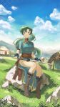  1girl absurdres black_gloves blue_dress blue_sky boots breasts cloud commission day dress fingerless_gloves fire_emblem fire_emblem:_the_blazing_blade gloves grass green_eyes green_hair highres horse landscape large_breasts long_hair lyn_(fire_emblem) on_rock ponytail sash sheath sheathed side_slit sitting sky solo sword thighs tororo_kafka weapon 