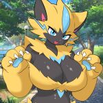 1:1 2025 anthro big_breasts black_body blue_eyes breasts claws cleavage clothed clothing digital_media_(artwork) evaacii female fur generation_7_pokemon hi_res huge_breasts legendary_pokemon looking_at_viewer multicolored_body nintendo open_mouth outside pawpads paws pokemon pokemon_(species) pokemorph raised_paw slightly_chubby solo yellow_body yellow_fur zeraora
