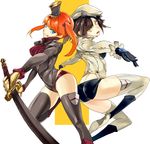  2girls :p beret black_hair blue_eyes cravat hat highres katana laio multiple_girls orange_hair original sword symbol-shaped_pupils thighhighs tongue tongue_out twintails weapon yellow_eyes 